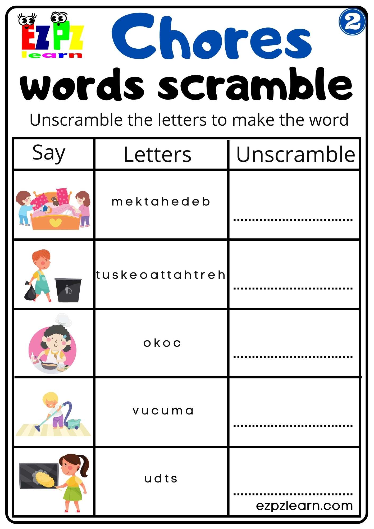 Household Chores Vocabulary Word Scramble Worksheet For Children and ESL Students Download Free Group 2